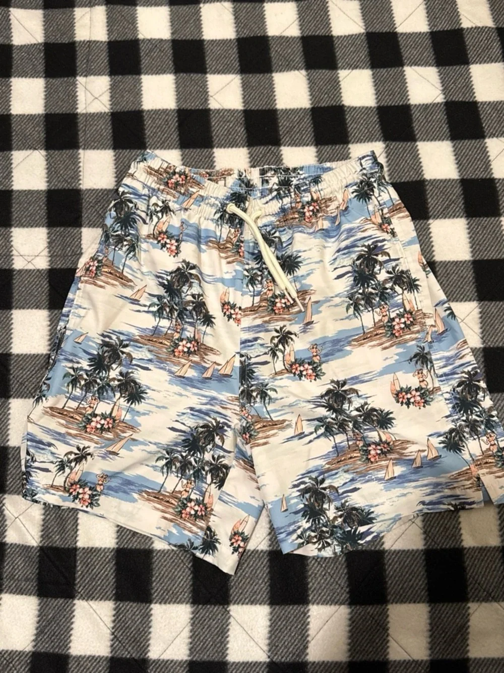 Men's Tropical Print Swim Trunks in Light Blue and White